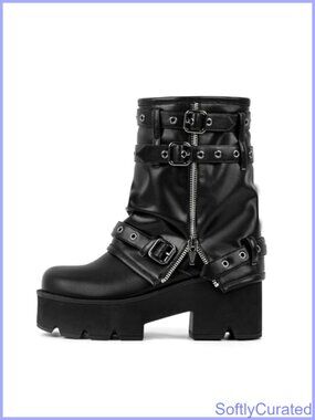 Platform Ankle Boots Punk Block Heel Fold-Over Straps Buckle Grommet Zipper
